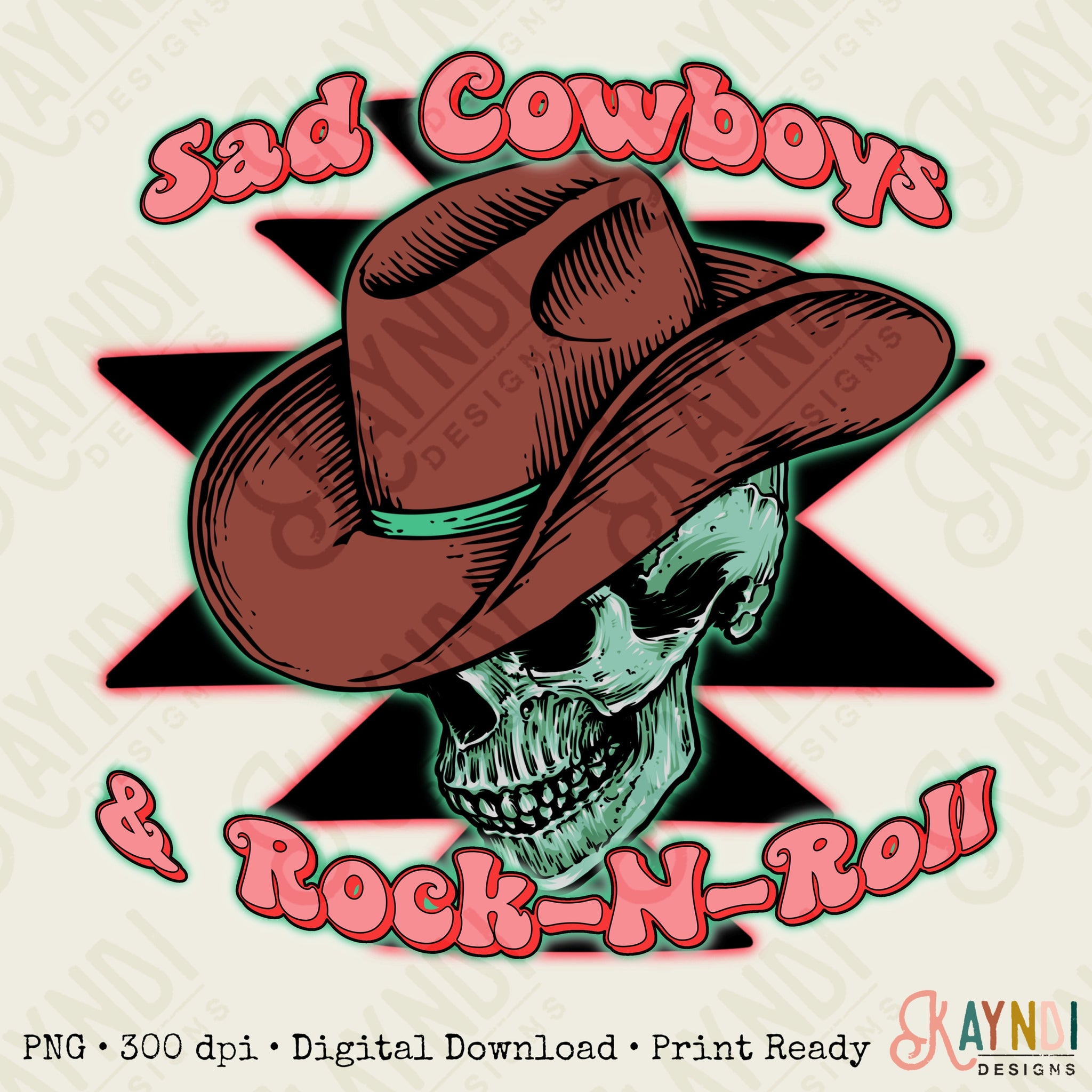 Sad Cowboy & Rock-N-Roll Sublimation Design PNG Digital Download Printable Rock and Roll Cowboy Hat Skeleton Skull Western Retro Groovy