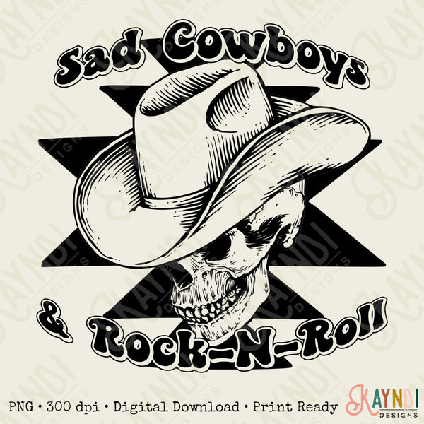 Sad Cowboy & Rock-N-Roll Sublimation Design PNG Digital Download Printable Single Color Cowboy Hat Skeleton Skull Western Retro Groovy