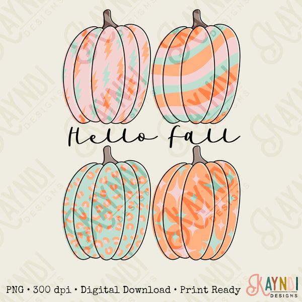 Hello Fall Sublimation Design PNG Digital Download Printable Groovy Retro Leopard Pumpkins Lightning Bolt Stars Halloween Autumn Cute Trendy