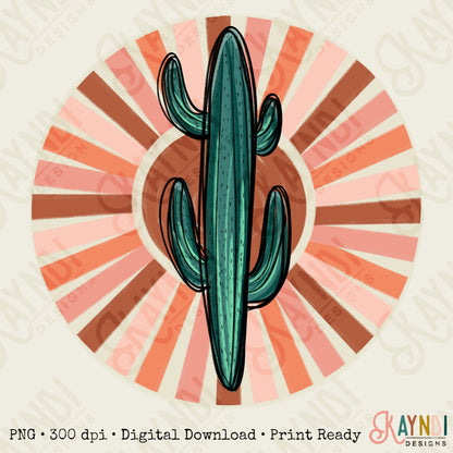 Hand Drawn Cactus Sublimation Design PNG Digital Download Printable Sun Sunburst 70s Western Punchy Retro Cowboy Cowgirl Bull Desert Rodeo