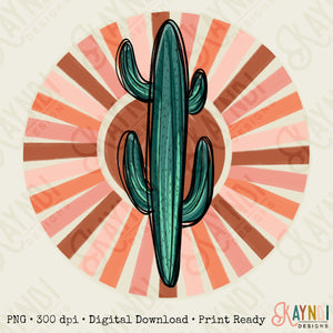 Hand Drawn Cactus Sublimation Design PNG Digital Download Printable Sun Sunburst 70s Western Punchy Retro Cowboy Cowgirl Bull Desert Rodeo
