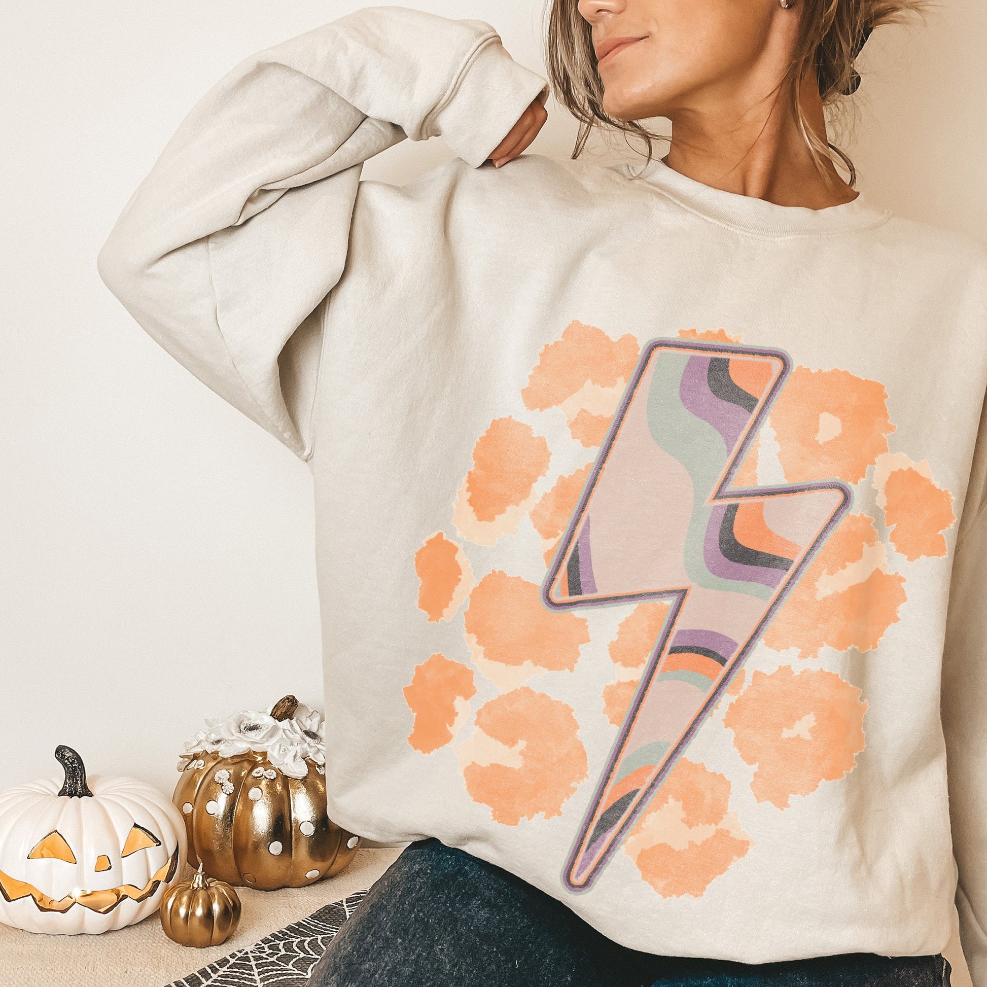 Groovy Leopard Lightning Bolt Sublimation Design PNG Digital Download Printable Retro Halloween Fall Cheetah 70s Boho Trendy Thunder Pumpkin