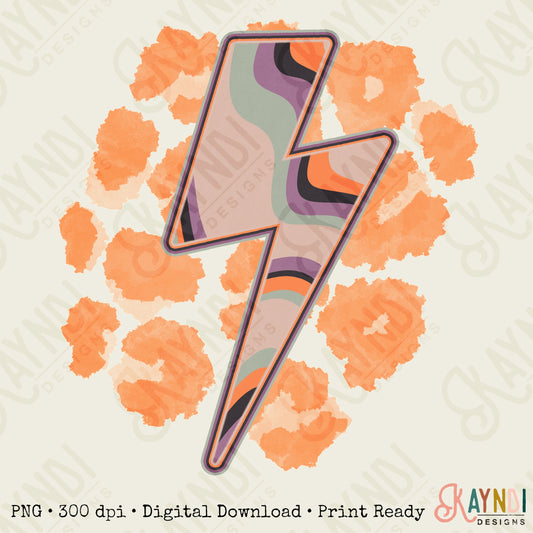 Groovy Leopard Lightning Bolt Sublimation Design PNG Digital Download Printable Retro Halloween Fall Cheetah 70s Boho Trendy Thunder Pumpkin