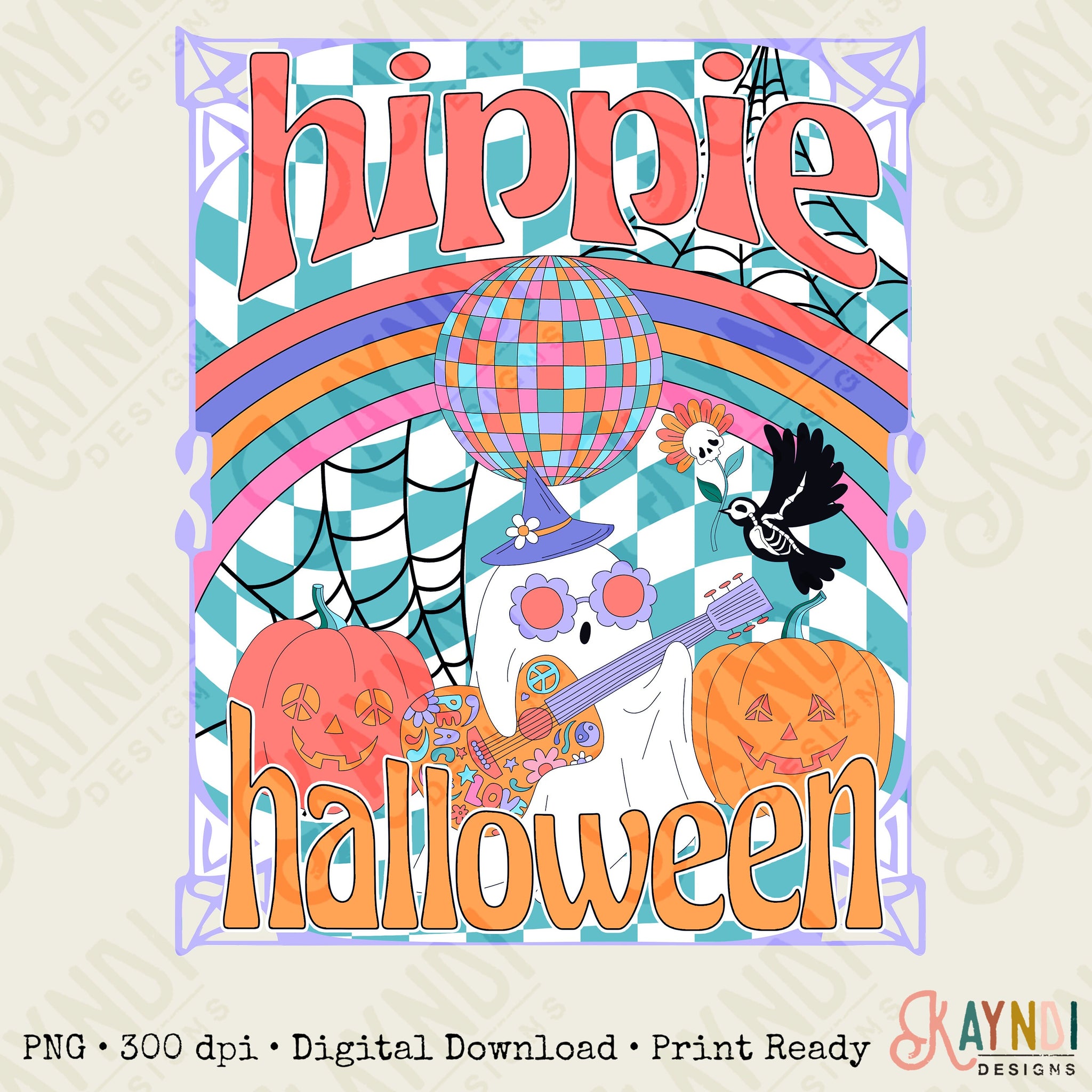 Hippie Halloween Sublimation Design PNG Digital Download Printable Happy Boho Retro Groovy 60s 70s Festival Pumpkin Fall Boho Ghost Checker