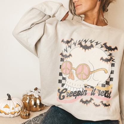 Creepin' it Real Sublimation Design PNG Digital Download Printable Groovy Retro Halloween Skull Skeleton Peace Hippie 70s Bat Checker Pocket