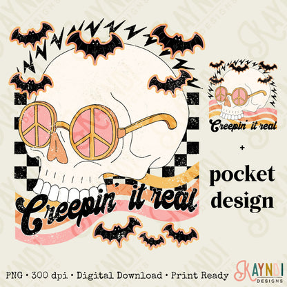 Creepin' it Real Sublimation Design PNG Digital Download Printable Groovy Retro Halloween Skull Skeleton Peace Hippie 70s Bat Checker Pocket