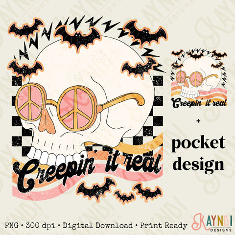 Creepin' it Real Sublimation Design PNG Digital Download Printable Groovy Retro Halloween Skull Skeleton Peace Hippie 70s Bat Checker Pocket