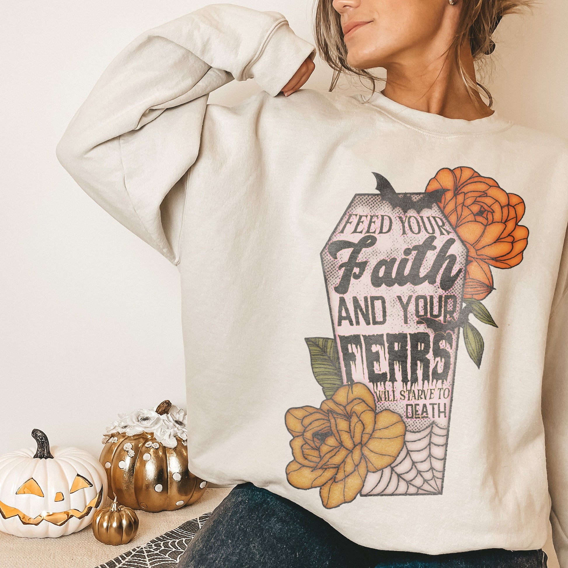 Feed Your Faith and Your Fears Will Starve To Death Sublimation Design PNG Digital Download Printable Christian Halloween Coffin Bats Floral