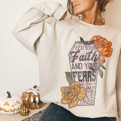 Feed Your Faith and Your Fears Will Starve To Death Sublimation Design PNG Digital Download Printable Christian Halloween Coffin Bats Floral