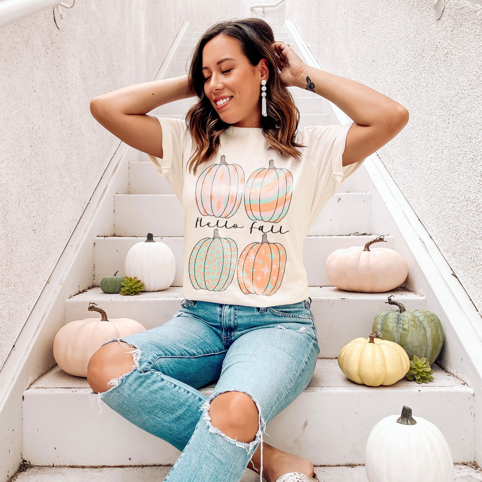 Hello Fall Sublimation Design PNG Digital Download Printable Groovy Retro Leopard Pumpkins Lightning Bolt Stars Halloween Autumn Cute Trendy