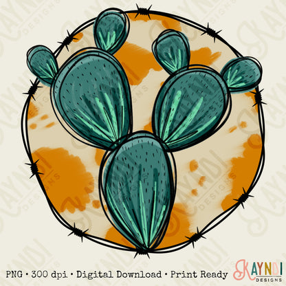 Hand Drawn Cactus Sublimation Design PNG Digital Download Printable Barb Wire Cow Print Western Punchy Retro Cowboy Cowgirl Bull Desert Bull