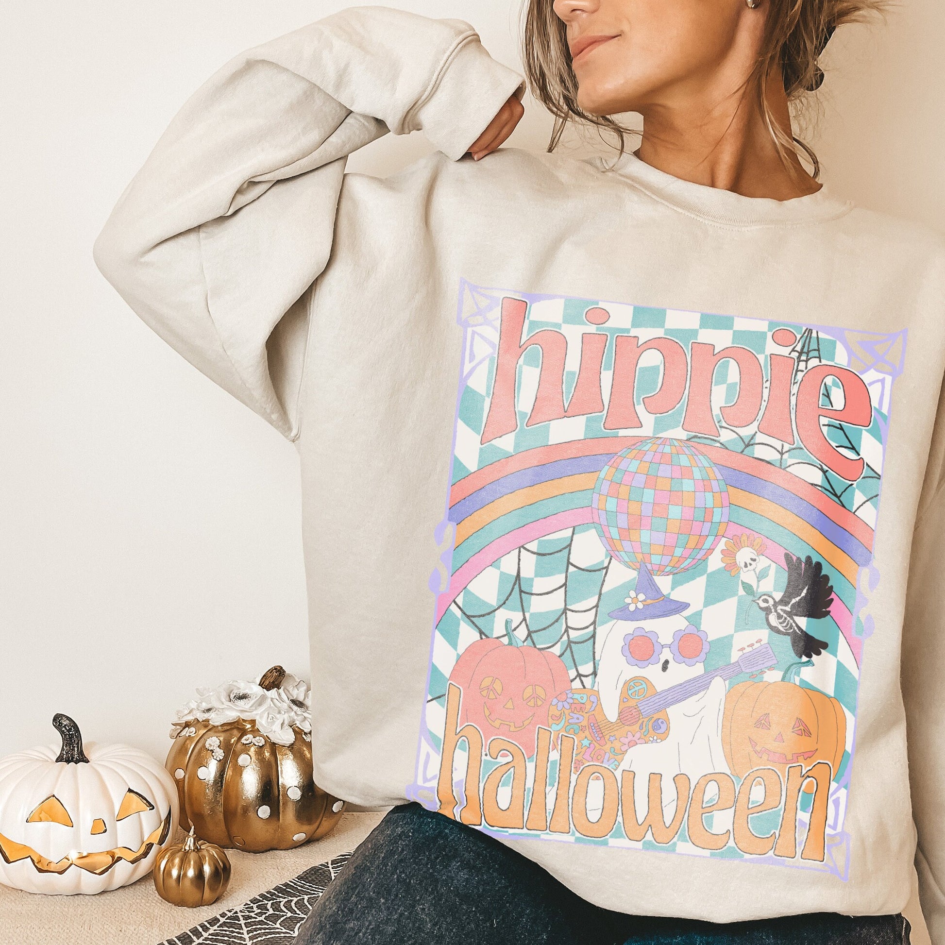 Hippie Halloween Sublimation Design PNG Digital Download Printable Happy Boho Retro Groovy 60s 70s Festival Pumpkin Fall Boho Ghost Checker