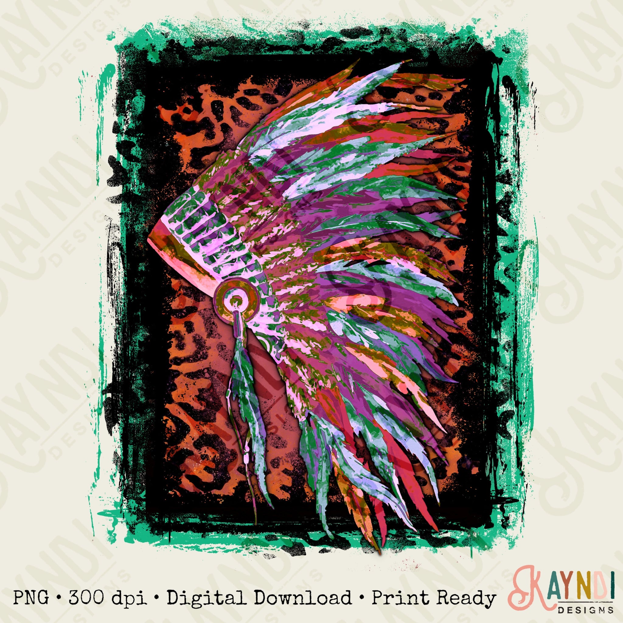Boho Indian Headdress Sublimation Design PNG Digital Download Printable Tribal Leopard Feathers Native Southern Western Country Turqouise