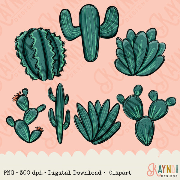 Hand Drawn Cactus Clipart Element PNG Digital Downloads Elements Western Boho Desert Doodle Cacti Plants Retro Groovy Cowgirl Commercial Use