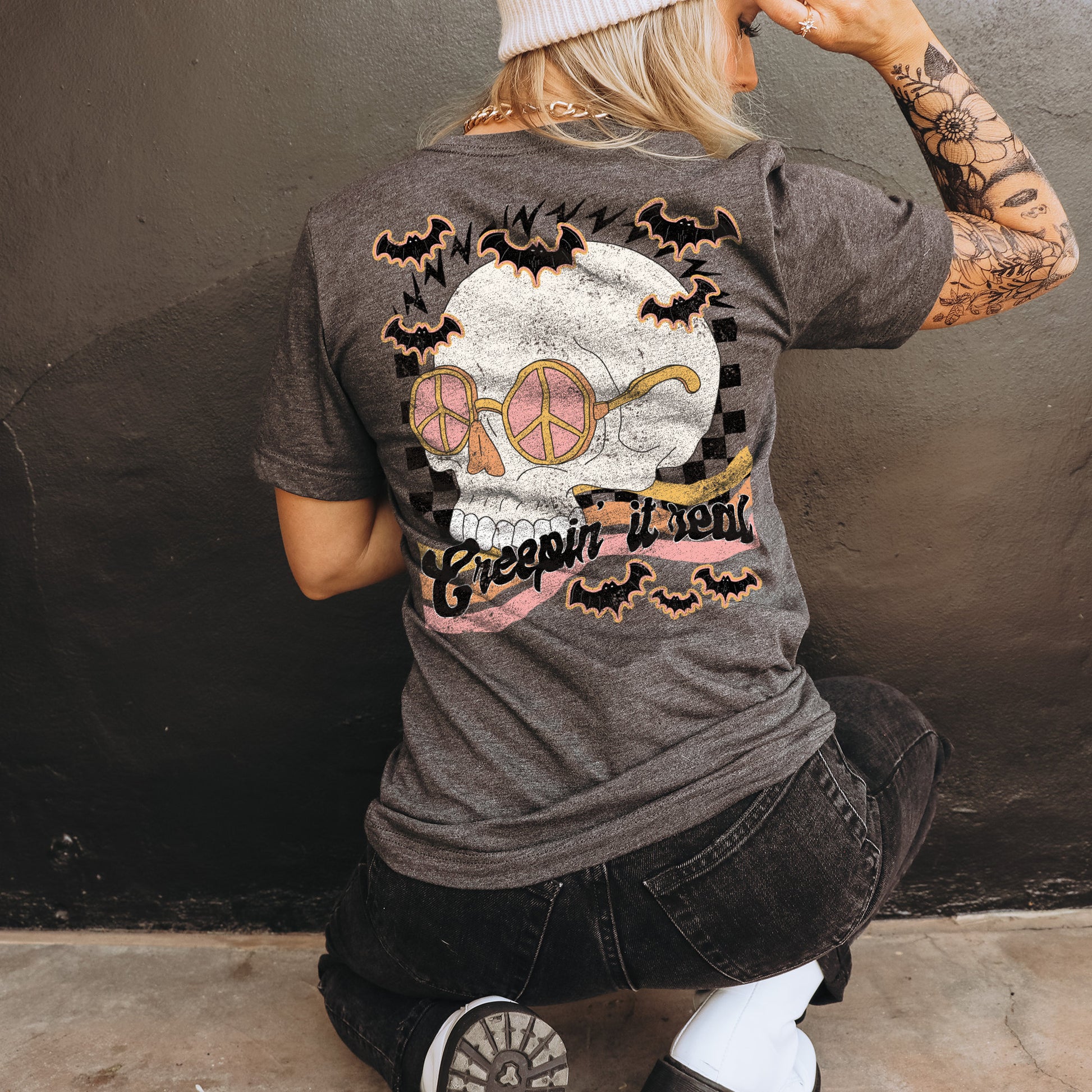 Creepin' it Real Sublimation Design PNG Digital Download Printable Groovy Retro Halloween Skull Skeleton Peace Hippie 70s Bat Checker Pocket