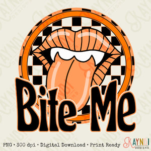 Bite Me Vampire Lips Sublimation Design PNG Digital Download Printable Retro Checker Halloween Spooky Fangs Tongue Rock Witch