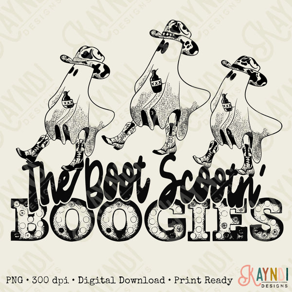 The Boot Scootin' Boogies Single Color Sublimation Design PNG Digital Download Printable Western Country Ghost Cowboy Boots Hats Cow Print