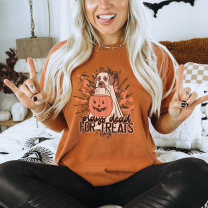 Plays Dead for Treats Sublimation Design PNG Digital Download Printable Halloween Ghost Puppy Dog Trick or Treat Bucket Tie Dye Fall Spooky