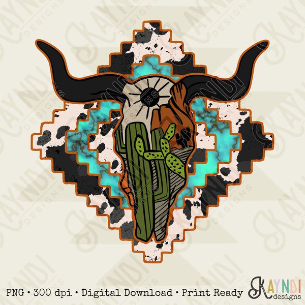 Aztec Steer Skull Sublimation Design PNG Digital Download Printable Desert Cactus Turquoise Cow Print Bull Head Tribal Western Southern
