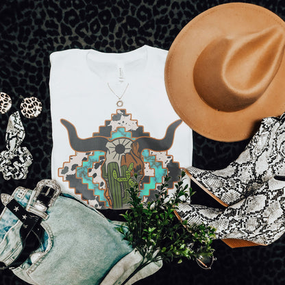 Aztec Steer Skull Sublimation Design PNG Digital Download Printable Desert Cactus Turquoise Cow Print Bull Head Tribal Western Southern