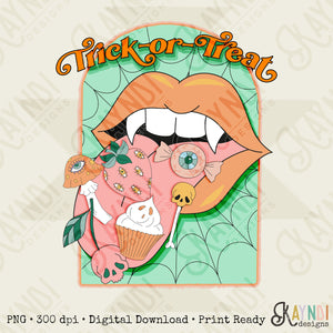 Trick or Treat Sublimation Design PNG Digital Download Printable Vampire Mouth Lips Tongue Fangs Groovy Retro Spooky Vibes Halloween 90s 80s