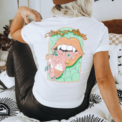 Trick or Treat Sublimation Design PNG Digital Download Printable Vampire Mouth Lips Tongue Fangs Groovy Retro Spooky Vibes Halloween 90s 80s