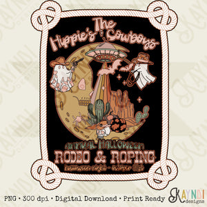 The Hippies and the Cowboys Halloween Rodeo and Roping Sublimation Design PNG Digital Download Printable Retro Ghost Country Cow Print Alien