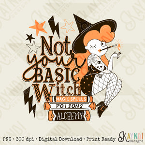 Not Your Basic Witch Sublimation Design PNG Digital Download Printable Halloween Mom Potion Spell Book Retro Pinup Lightning Bolt Spooky