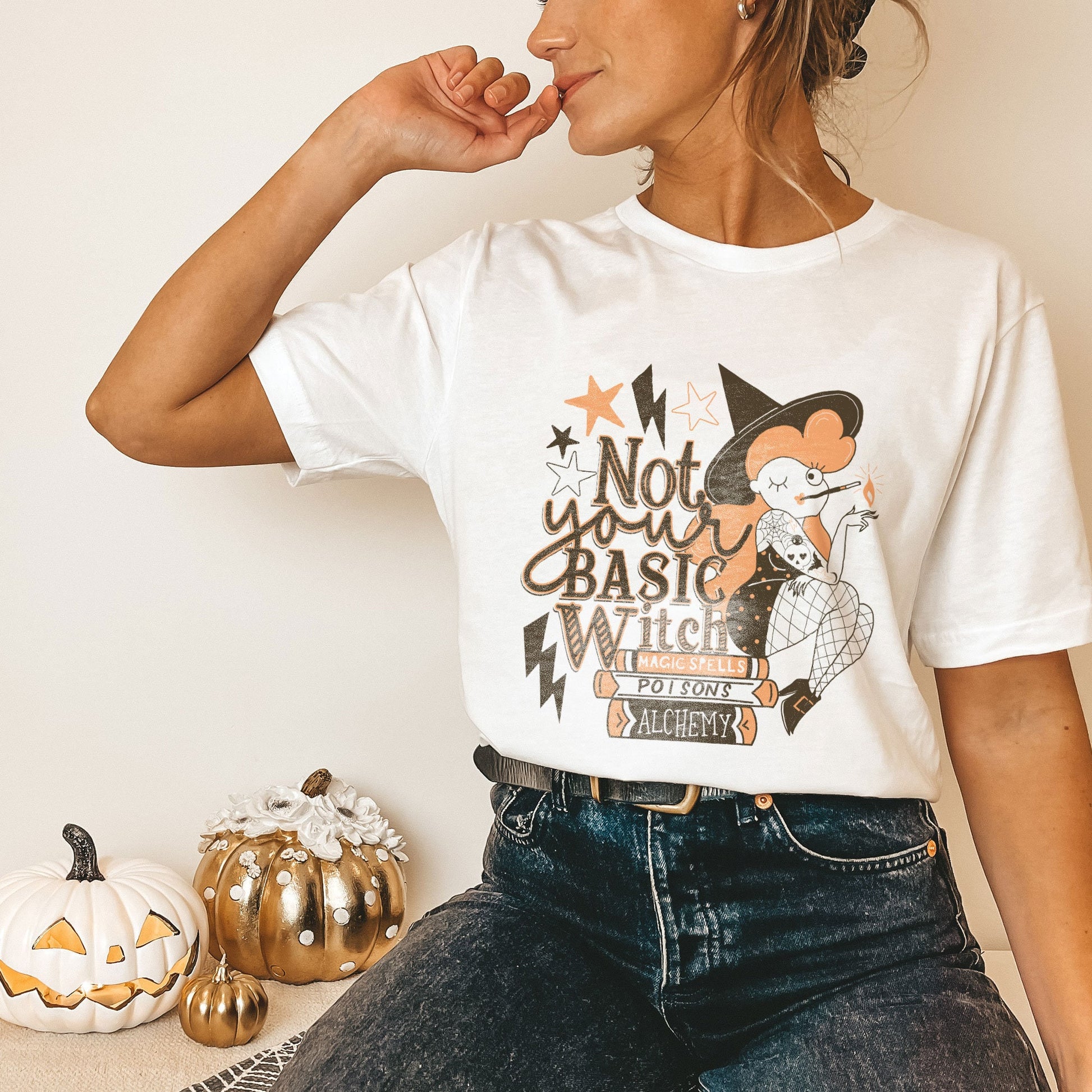 Not Your Basic Witch Sublimation Design PNG Digital Download Printable Halloween Mom Potion Spell Book Retro Pinup Lightning Bolt Spooky