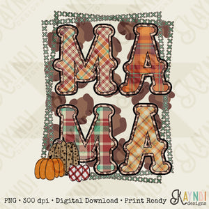 Mama Fall Stitches Sublimation Design PNG Digital Download Printable Leopard Cheetah Plaid Pumpkins Mom Momma Cute Doodle Flannel Sweater