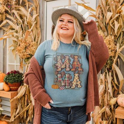 Mama Fall Stitches Sublimation Design PNG Digital Download Printable Leopard Cheetah Plaid Pumpkins Mom Momma Cute Doodle Flannel Sweater