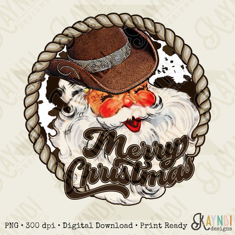 Merry Christmas Cowboy Santa Sublimation Design PNG Digital Download Printable Cowboy Hat Western Country Rope Cow Print Hide Retro Jolly