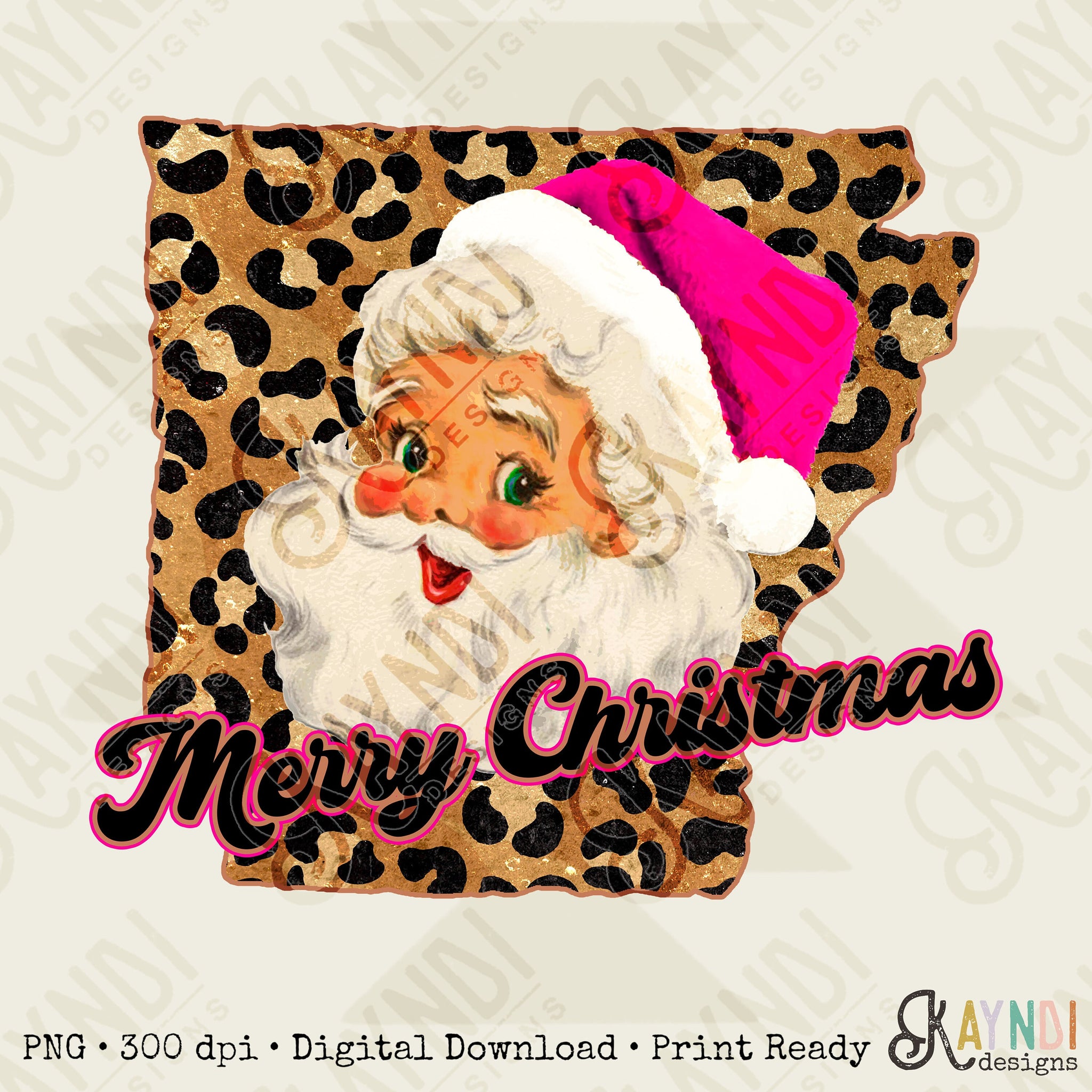Merry Christmas Arkansas Retro Sant Sublimation Design PNG Digital Download Printable Pink Santa Claus Hat Leopard Cheetah Vintage Holly
