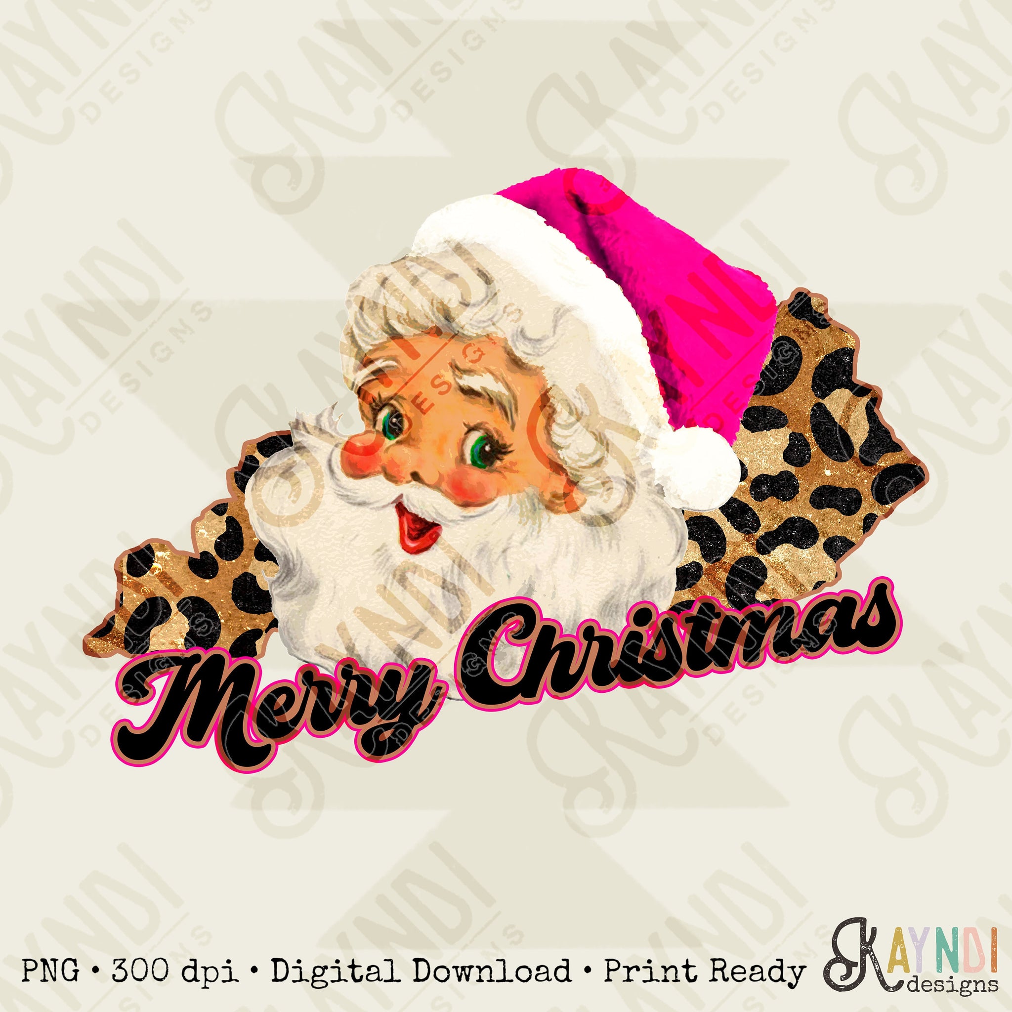 Merry Christmas Kentucky Retro Sant Sublimation Design PNG Digital Download Printable Pink Santa Claus Hat Leopard Cheetah Vintage Holly