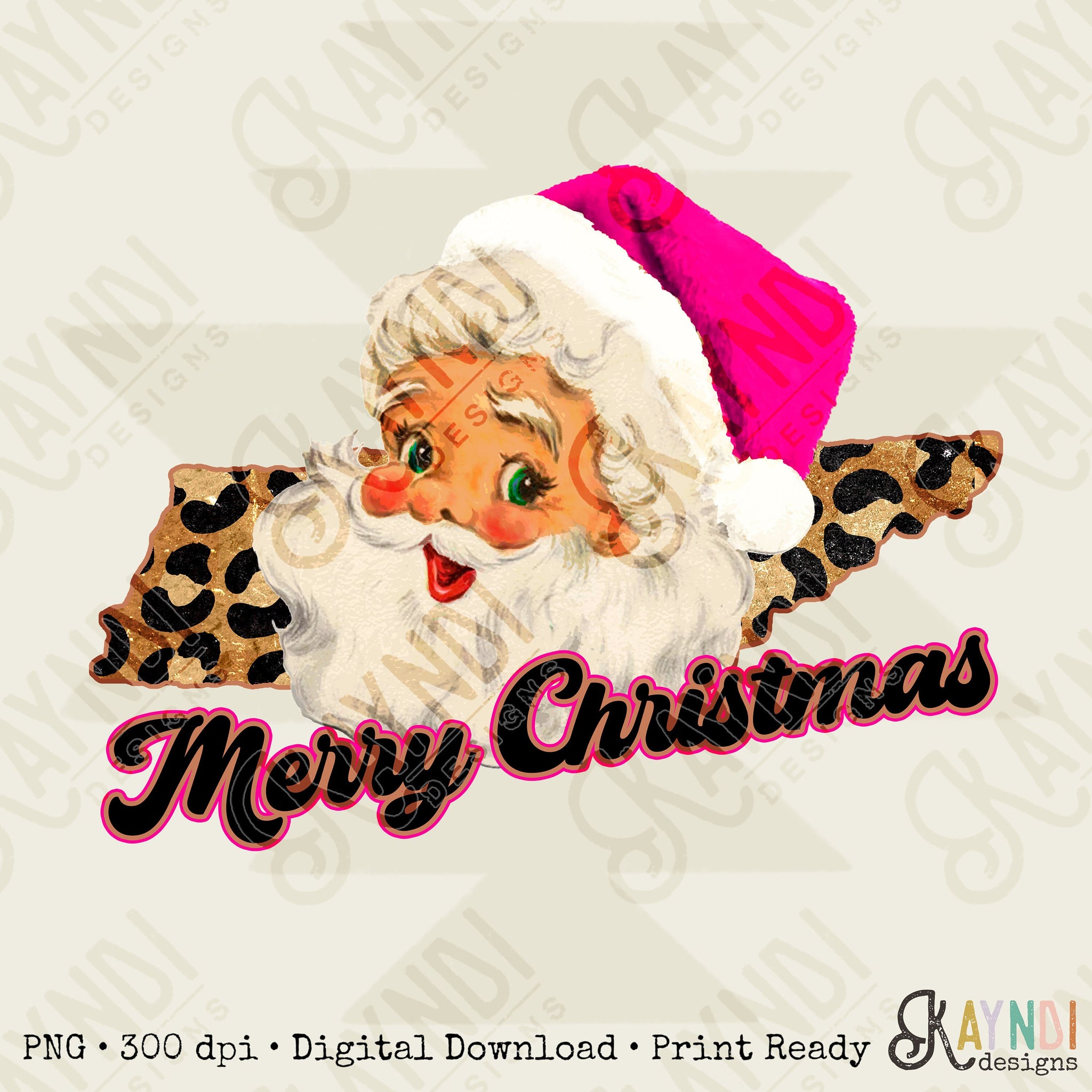 Merry Christmas Tennesse i Retro Sant Sublimation Design PNG Digital Download Printable Pink Santa Claus Hat Leopard Cheetah Vintage Holly