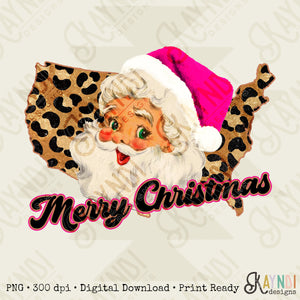 Merry Christmas USA America Retro Sant Sublimation Design PNG Digital Download Printable Pink Santa Claus Hat Leopard Cheetah Vintage Holly