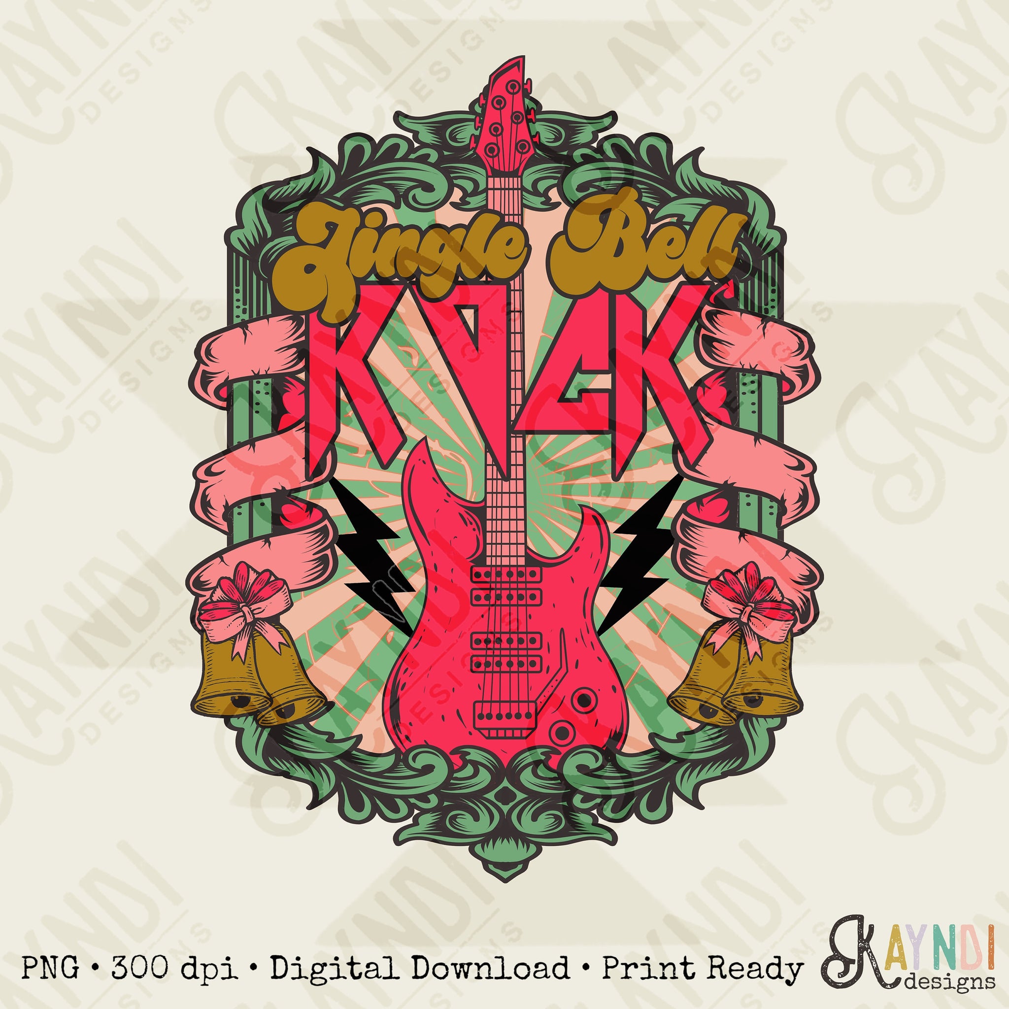 Jingle Bell Rock Sublimation Design PNG Digital Download Printable Pink Christmas Retro Groovy Lightning Bolt Xmas Guitar Vintage Mama Santa