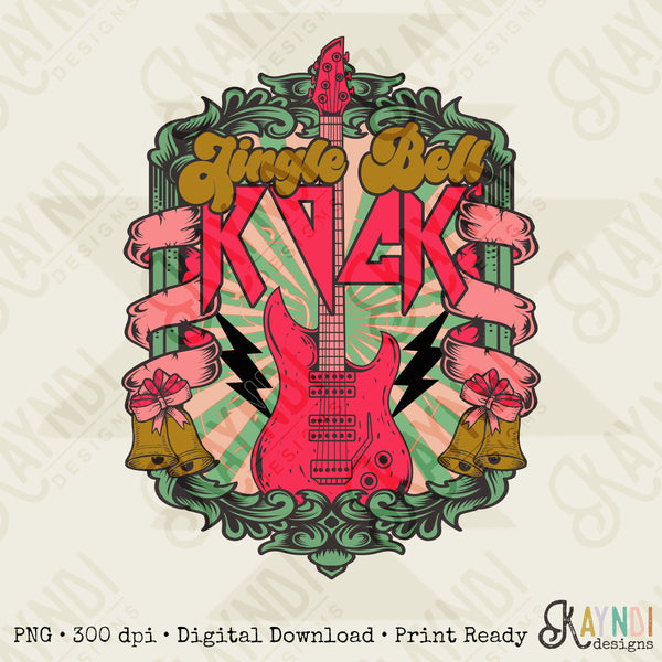 Jingle Bell Rock Sublimation Design PNG Digital Download Printable Pink Christmas Retro Groovy Lightning Bolt Xmas Guitar Vintage Mama Santa