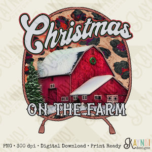 Christmas on the Farm Sublimation Design PNG Digital Download Printable Retro Leopard Cheetah Barn Snow Winter Country Southern Rancher