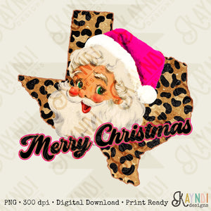 Merry Christmas Texas Retro Sant Sublimation Design PNG Digital Download Printable Pink Santa Claus Hat Leopard Cheetah Vintage Holly Jolly