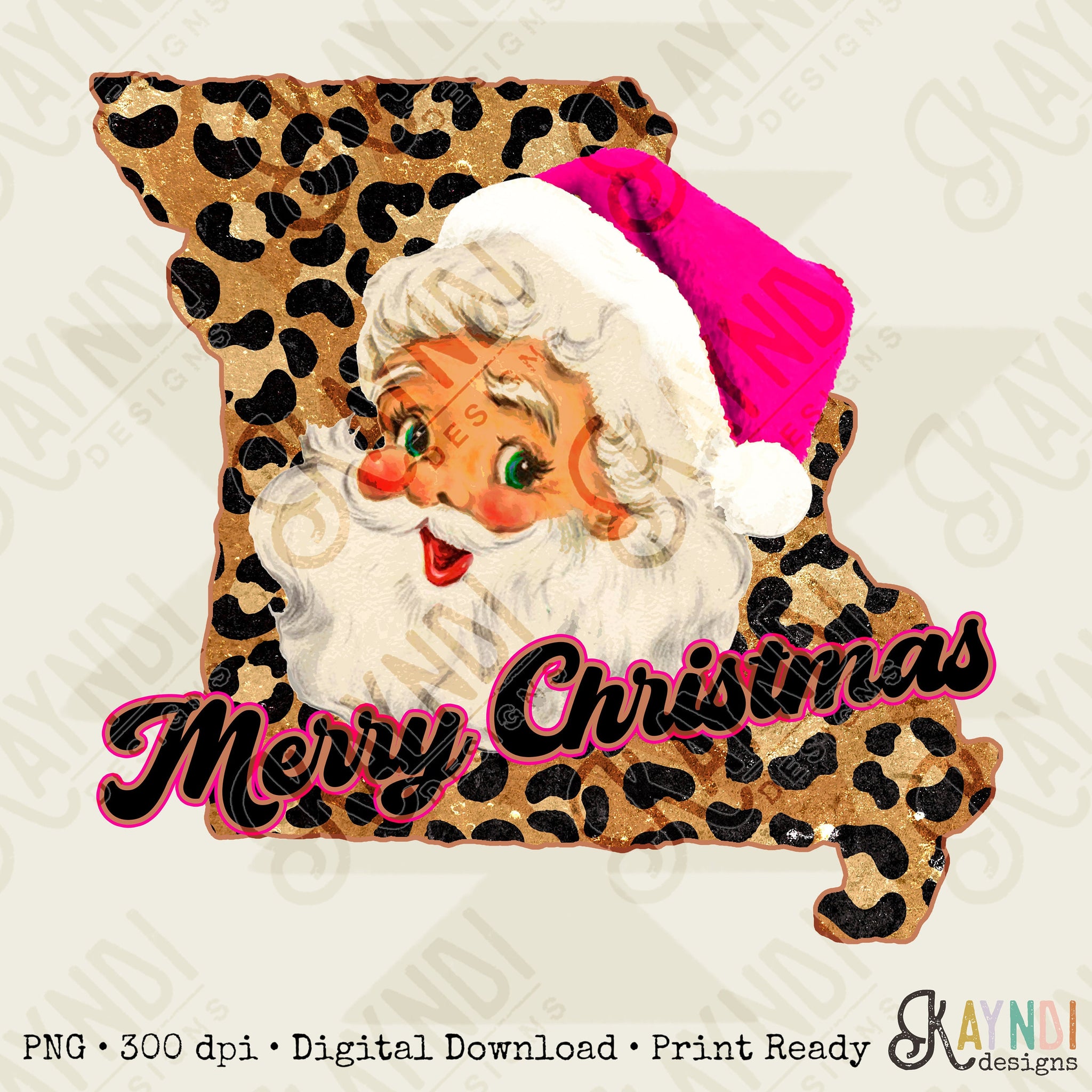 Merry Christmas Missouri Retro Sant Sublimation Design PNG Digital Download Printable Pink Santa Claus Hat Leopard Cheetah Vintage Holly