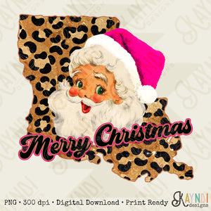 Merry Christmas Louisiana i Retro Sant Sublimation Design PNG Digital Download Printable Pink Santa Claus Hat Leopard Cheetah Vintage Holly