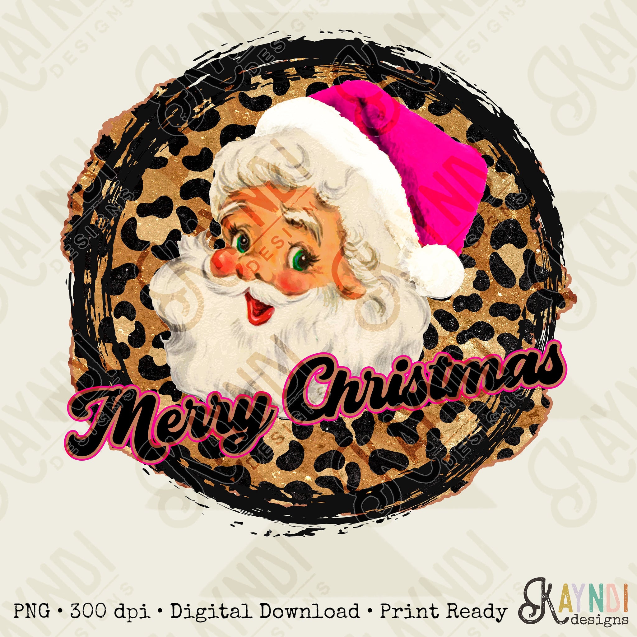 Merry Christmas Retro Sant Sublimation Design PNG Digital Download Printable Pink Santa Claus Hat Leopard Cheetah Vintage Holly Jolly Girly