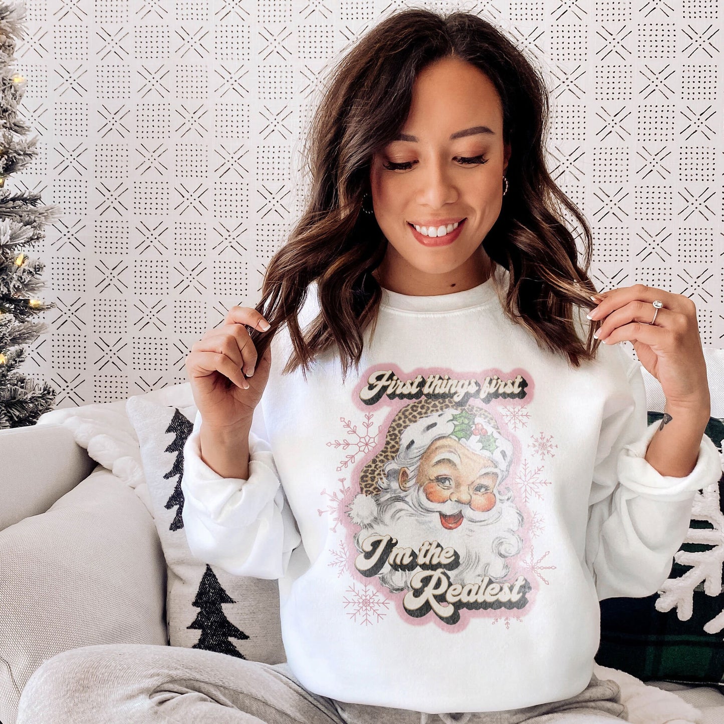 First Things First Im The Realest Santa Sublimation Design PNG Digital Download Printable Leopard Cheetah Dusty Pink Rose Gold Snowflakes