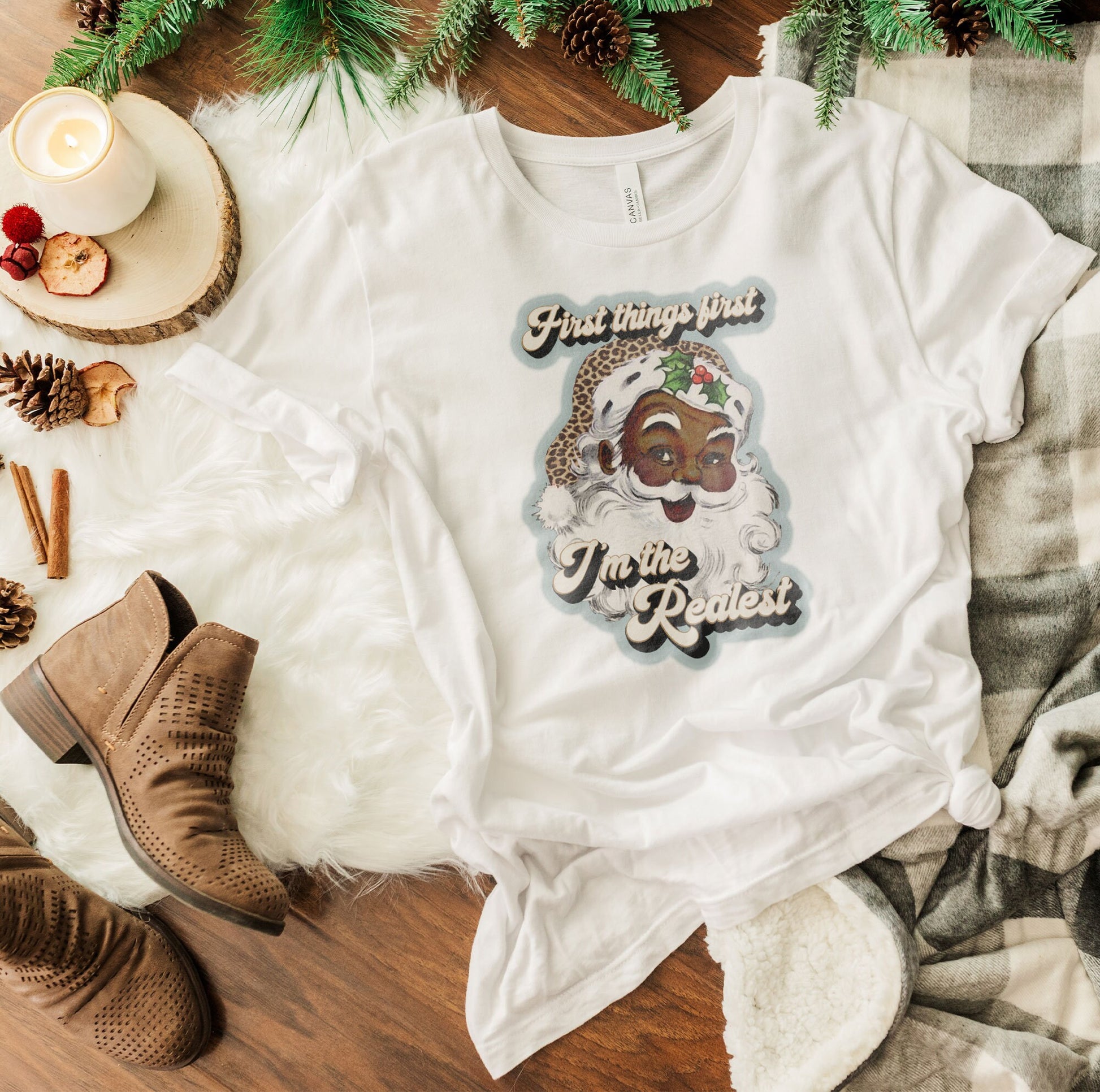 First Things First Im The Realest Santa Sublimation Design PNG Digital Download Printable Leopard Cheetah Blue Snowflakes African American