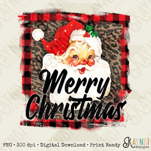 Merry Christmas Santa Sublimation Design PNG Digital Downloads Buffalo Check Leopard Cheetah Print Vintage Santa DTG Printable Design