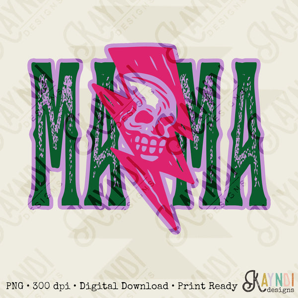 Mama Lightning Skull Sublimation Design PNG Digital Download Printable Skellie Trendy Mom Momma Rock Grunge Skeleton Thunder Bolt 90s