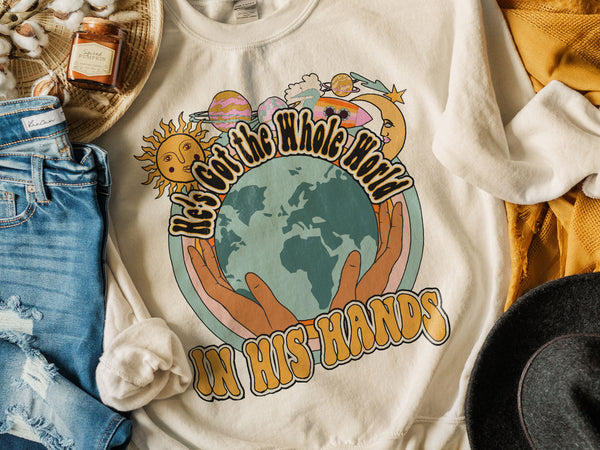 He's Got The Whole World In His Hands Sublimation Design PNG Digital Download Printable Jesus Christian Faith Kids Retro Groovy Rainbow Girl