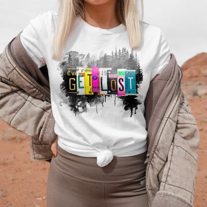 Get Lost License Plates Sublimation Design PNG Digital Download Printable Travel Adventure Wanderlust Road Trip States Forest Boho Trees