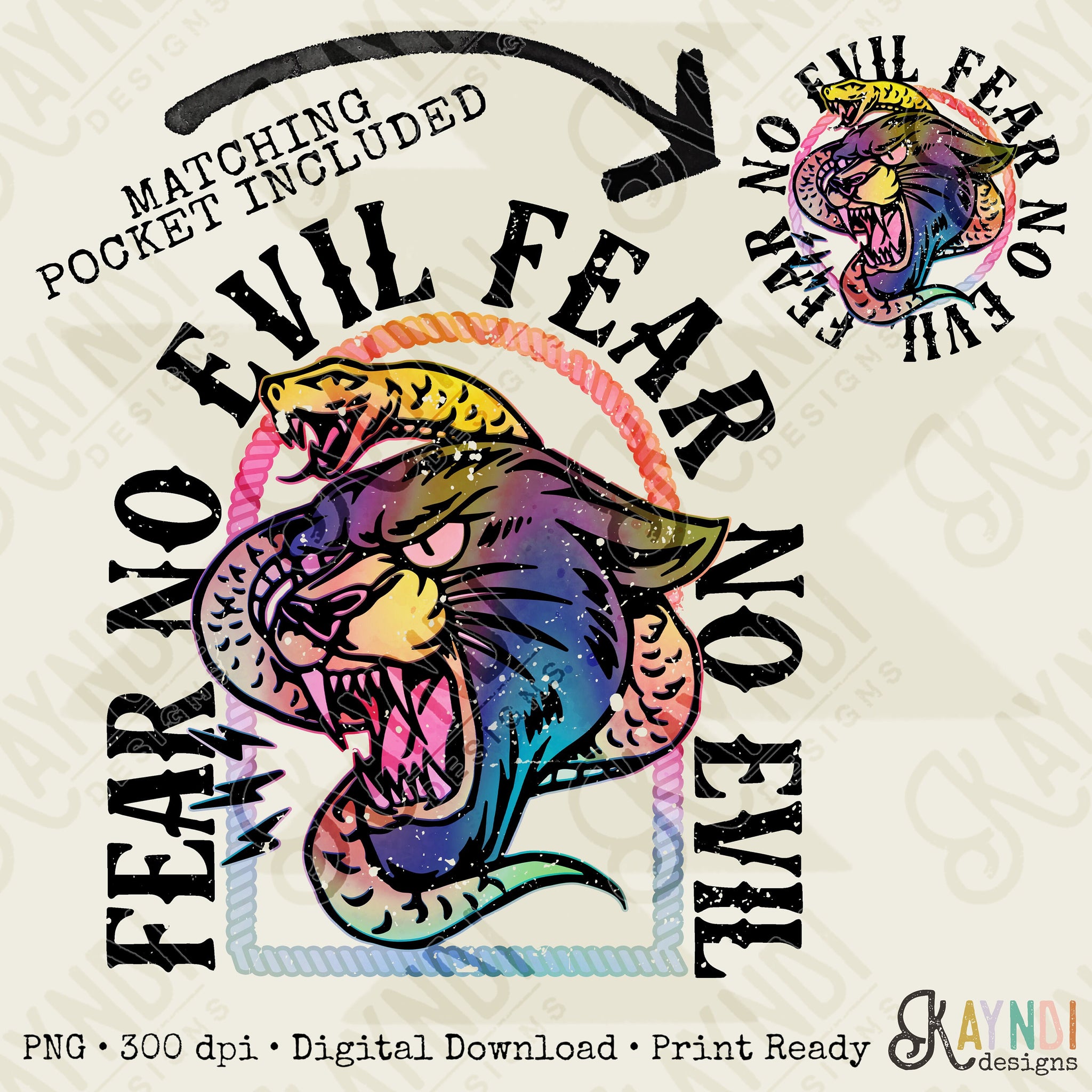 Fear No Evil Pocket Design Included Bright Sublimation Design PNG Digital Download Printable Snake Lion Cat Grunge Christian Rock Retro